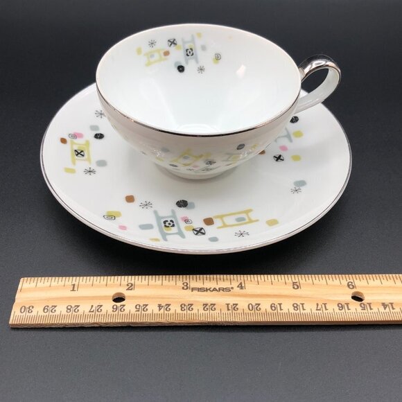 Vintage Tea Cup Saucer Set 50s Frolic pattern Mid Century Atomic Dinnerware - Picture 9 of 10